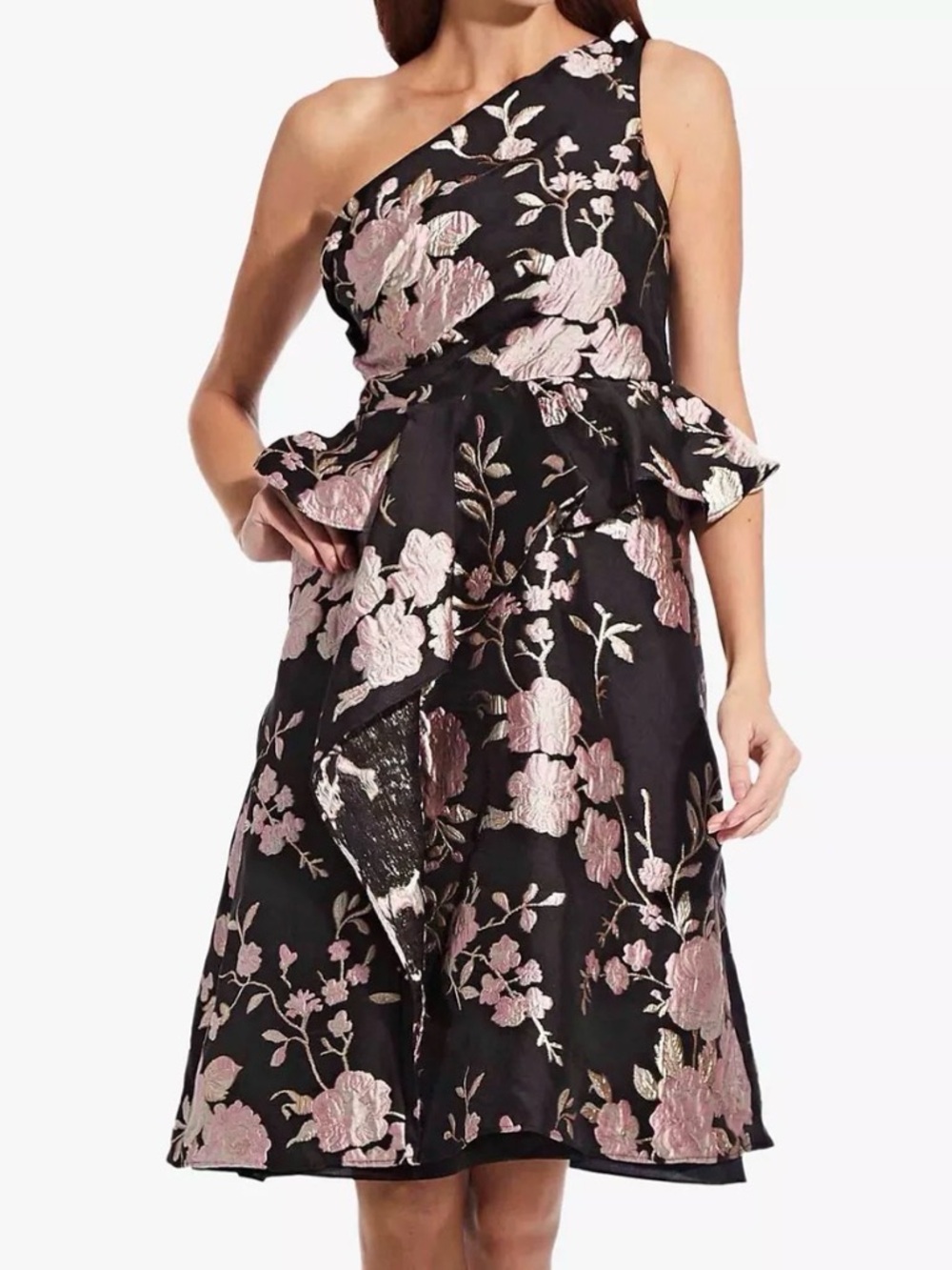NWT Adrianna Papell One Shoulder Dress Black & Pink Floral Jacquard Size 14 NEW